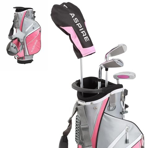 Aspire Golf Junior Plus Complete Golf Club Set for Children, Kids - 5 Age Groups Boys and Girls - Right Hand, Real Girls Junior Golf Bag, Kids Golf Clubs Set (Pink Ages 5-6)