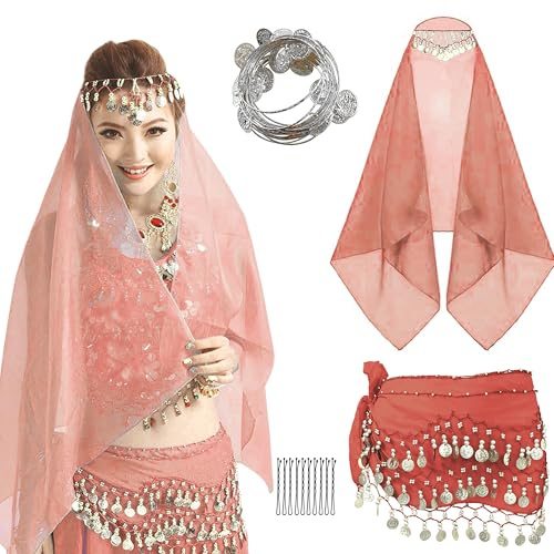 Wuchieal Belly Dance Skirt Hip Scarf, Silver&pink&purple, One Size