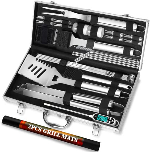 ROMANTICIST 29pcs BBQ Accessories Tools Set, Gifts for Men Dad Father’s Day Birthday, Stainless Steel Heavy Duty Grill Utensils Kit with Thermometer, Mats in Aluminum Case for Outdoor Camping Silver