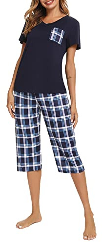 iClosam Pyjama Femme Deux Pièces Coton Haut à Poche Carreaux et Capri