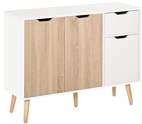 HOMCOM Sideboard mit Schrank und Schubladen Kommode Nachttisch Beistellschrank im skandinavischen Design viel Stauraum MDF Spanplatte Weiß+Natur 90 x 30 x 72 cm