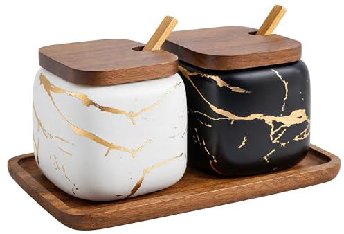 JFFLYIT 2 Sets of Marble Ceramic Sugar Bowl Ceramic Seasoning Jars with Wooden Lid and Wooden Spoon(Black and White)
