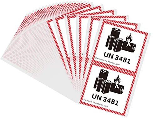Hycodest 12x11cm Lithium Ion Battery Transport Caution Warning Labels 50 Adhesive Stickers (UN3481)