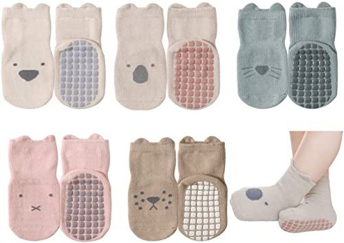 Exemaba Baby Girls' Socks with Grips Cute Animal Cartoon Toddler Kids Anti-Slip Socks (S/6-12 Months, 5 Colors)