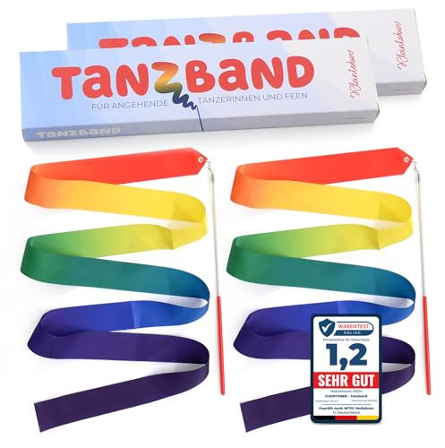Kleintober Multi-Pack 2er Set Premium Gymnastikband mit Stab I Kinder Regenbogen Band I Tanzband mit Bilderanleitung für Übungen I optimales Geschenk für Mädchen I Mitgebsel