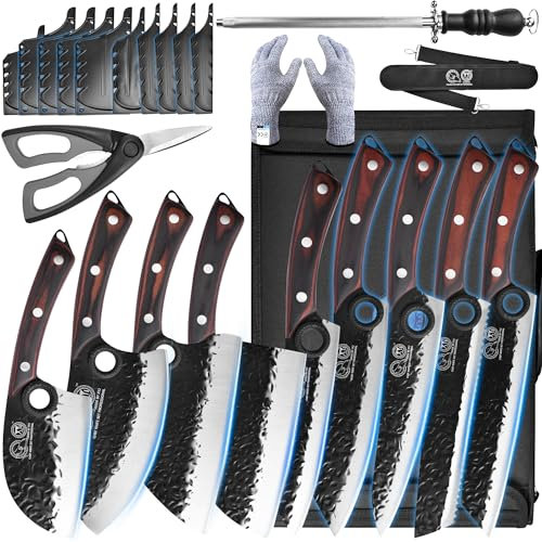 XYJ 9 pz Set di coltelli forgiati, coltello cuoco serbo con sacchetto, asta affilatrice, cesoie, coltello da macellaio, Tang pieno, Gyutou, coltello Kiristuke, acciaio ad alto tenore di carbonio