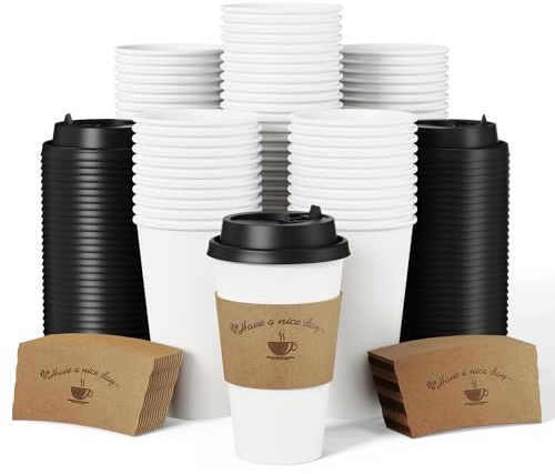 LITOPAK 100 Pack 16 oz Disposable Coffee Cups with Lids and Kraft Sleeves, Leak-Proof White To Go Coffee Cups for Office, Cafe, Catering, Events and Daily Commute