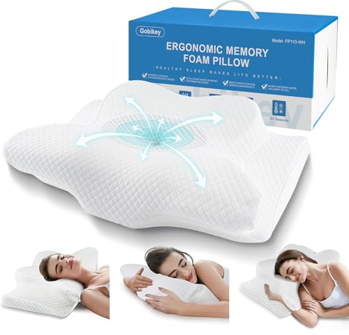 Gobikey Almohada Cervicales y Cuello, Almohada Cervical de Espuma Viscoelastica, Almohadas Antironquidos para Dormir de Lado, Espalda y Estómago, 62x39x11/13cm, Blanco