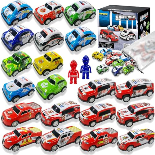 TOYABI Pequeños Coches para Niños, Juguete Coche de Carreras, 22 Pack Metalicos Micro Machines Set(Incl. 2 Policia Figures), Juguetes Mini Racers Cars Niño de 3 A 8 Años, Cumpleaños Fiesta Regalos