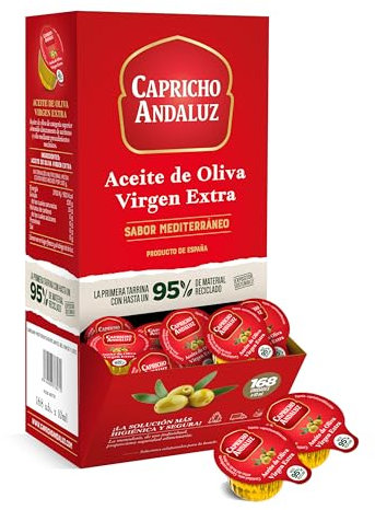 Capricho Andaluz | Aceite de Oliva Virgen Extra Expositor 168 Monodosis 10ml | Tarrinas Individuales Prácticas para Restauración, Buffets y Uso Diario