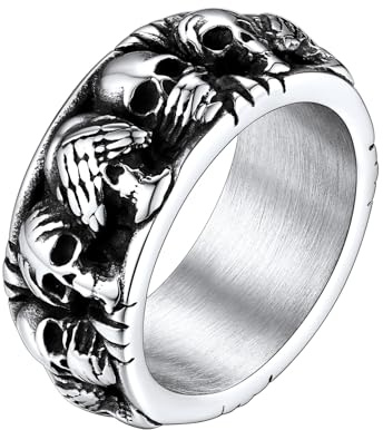 FaithHeart Anillo para hombre, punk gótico, calavera, esqueleto, anillo de acero inoxidable, anillo vintage de motorista, 8 tamaños a elegir, joyas para Halloween y cumpleaños