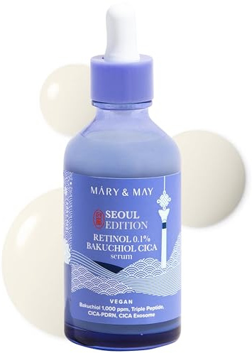 Mary&May EDIZIONE SEOUL Retinol Serum 0.1% e Bakuchiol Cica – Siero facciale coreano per elasticità dei pori e miglioramento delle rughe – Con Cica e peptidi – Vegano e crudeltà – 80 ml