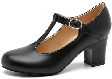 Women's T Strap Mary Jane Chunky Heel Low Block Pumps Round Toe Dress Office Work Shoes, Black Matte, 4 UK