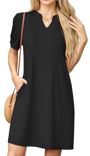 GRECERELLE Womens Dresses Summer Casual Short Sleeve V Neck Shift Dress for Women Ladies T Shirt Dress with Pockets (Black, M)