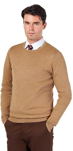 Mens Pure Cotton Camel Round Crew Neck Jumper Classic Fine Knit Lightweight Pullover Sweater [JUMPER-CREW-NECK-542-CAMEL-M]