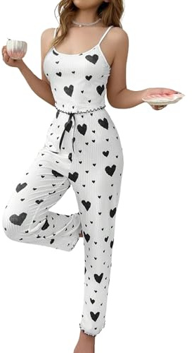 Gatamiau Women’s 2 Pieces Heart Print Pajama Set Sleeveless Cami Top + High Waist Pants, Comfortable Trousers Pjs Set Soft Loungewear Cute Sleepwear Set (UK, Alpha, S, Regular, Regular, White+Black)