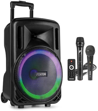 Fenton FT12LED MK2 12 Portable PA System with Wireless & Wired Microphones, Bluetooth Speaker, LED Lighting, Rechargeable Battery, USB MP3 Playback, Ideal for Events, Karaoke & Presentations