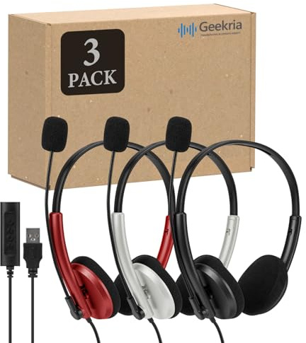 GEEKRIA USB-headset med mikrofon, ljudknapp och volymkontroll, lätta kabelanslutna hörlurar för dator på örat med bommikrofon och avtagbar 3,5 mm kontakt, 3-pack, blandade färger