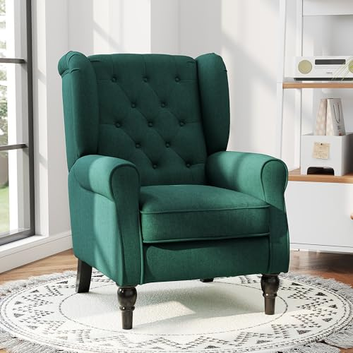 HOMCOM Wingback Accent Chair Linen Armchair High Back Dark Green | Thick Spring Cushion, Solid Wood Legs, Retro Button Tufted, Reading, Living Room, Bedroom