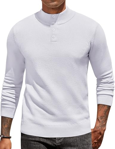 COOFANDY Maglione da Uomo con Collo Alto a Maniche Lunghe Maglione Basic in Maglia Fine a Coste Testurizzata Bianco M