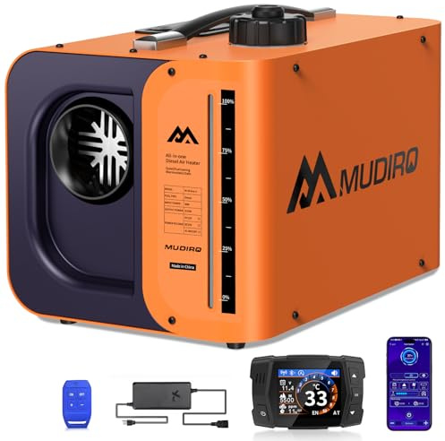 MUDIRO Chauffage diesel 12 V/24 V/230 V 8 kW avec protection CO (arrêt automatique et alarme), thermostat, Bluetooth/télécommande, écran TFT, réglage de la hauteur de la voiture, chauffage auxiliaire