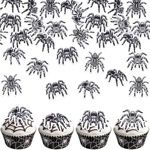 Xsstarmi 60 Pack Black Spider Edible Cupcake Toppers Rice Paper Spider Halloween Horrible Cupcake Picks for Baby Shower Wedding Birthday Halloween Party Cake Decorations Supplies