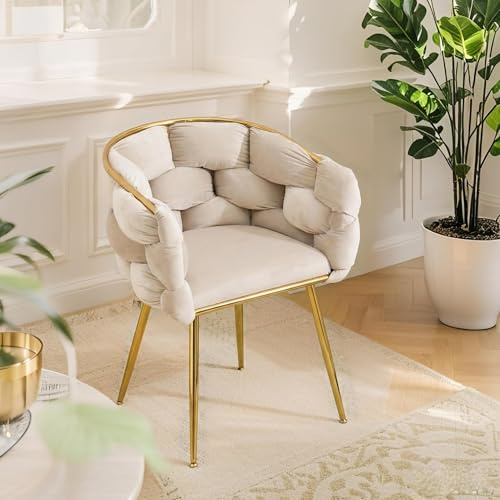 LEHZROAJ Modern Velvet Lounge Chair, Dining Chair with Metal Gold Legs, Bedroom Leisure Vanity Stool,Upholstered Hand Weaving Armchair for Dining Room Kitchen Living Room, Beige