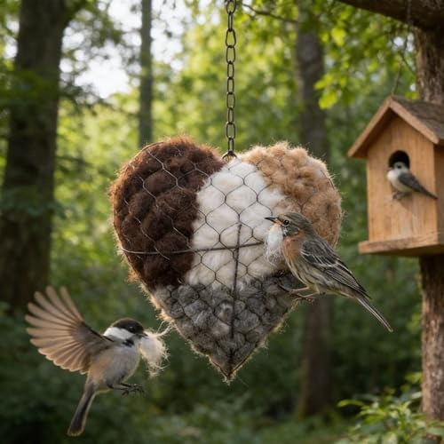Cuore di nidificazione per uccelli in fibra fatto a mano, riutilizzabile 1 nido di colibrì a forma di cuore e 2 sacchetti di materiali per nido, regali invernali per uccelli colibrì amanti della casa