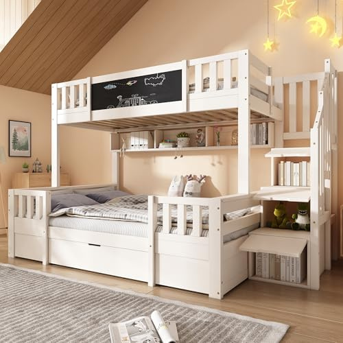 Mrwoo Children's Bunk Bed with Blackboard and Drawer, Children's Double Bed with Storage Staircase, Loft Bed with Safety Rails, (90+135) x 190 cm, Solid Wood, White (No Mattress)