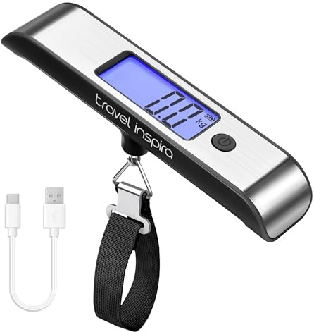 travel inspira Rechargeable Luggage Scale, USB-C Digital Suitcase Scale | 110lb/50kg, Portable, Unit Switchable, Large Backlit LCD, Battery-free, Travel Essentials