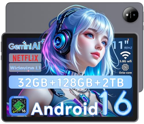 11 Pulgadas Tableta en Gemini AI ｜ Android 16 Tableta｜ 32GB RAM + 128GB ROM (2TB TF)｜Pantalla HD 90Hz｜1920×1200｜Octa-core Unisoc T7250｜ Cámara 8MP+16MP｜ Face ID｜Widevine L1｜ 8000mAh｜GPS｜WiFi 5.8G｜Gris