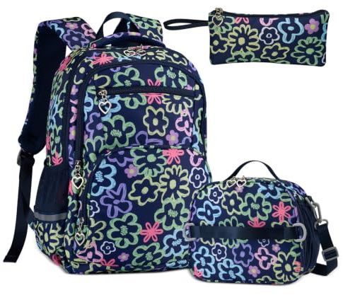 SIVENKE Skolryggsäck flickor tonåringar kvinnor skolväska ryggsäck set skolväskor för flickor skola fritid med lunchpaket väska och pennfodral, Blommor mörkblå, 29x16x43 cm, Skolväskeset
