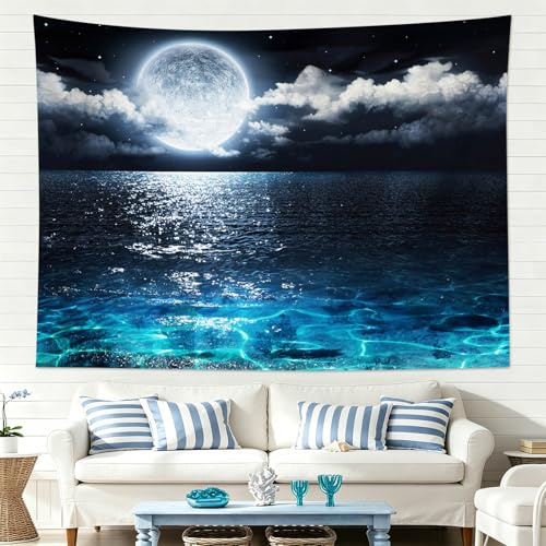HVEST Ocean Tapestry Wall Hanging Blue Sea Night Sky Natural Scenery Tapestry Moon Over the Ocean Hippie Art Tapestries for Living Room Bedroom Teen Dorm Party Indie Decor,60X40 Inchs