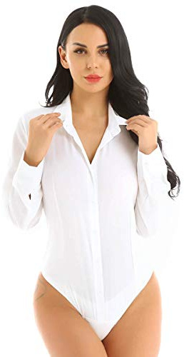 inhzoy Body a Camicia Bianco da Donna Leotard Pagliaccetto Camicetta con Bottoni Maniche Lunghe Monopezzo da Ufficio Lavoro Jumpsuit Body da Ginnastica Yoga Allenamento Bianco S