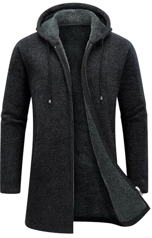 KUDORO Men's Knitted Cardigan Mid-Length Thick Zip Up Hooded Fleece Sweater | Full-Zip Long Sleeve Knit Outerwear, Casual Fleece-Lined Solid Jacket for Autumn, Winter, Work Outdoor Daily Activities