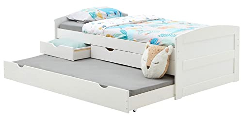 IDIMEX Bett mit Stauraum Jessy aus massiver Kiefer weiß, schönes Jugendbett mit 3 Schubladen, praktisches Funktionsbett mit Auszugbett, gemütliches Bett in 90 x 190 cm