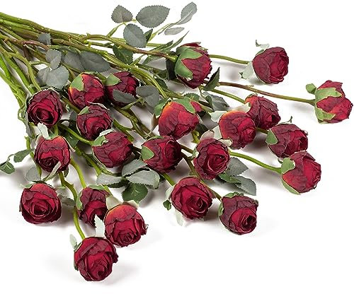 DuHouse 24pcs Artificial Silk Roses with Long Stems – Vintage Style Fake Rose Flowers for DIY Bouquets, Wedding Centrepieces, Party or Home Decoration(Vintage Red)