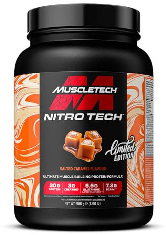 MuscleTech NitroTech Whey Protein Pulver, Whey Isolate Proteinpulver Mit 3g Kreatine, Proteinpulver für Männer Und Frauen, 7.3g BCAA, 20 Portionen, 908g, Gesalzenes Karamell
