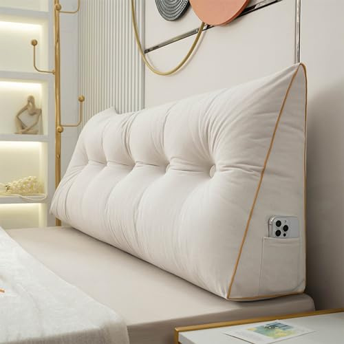 Mjuk triangulär sängkudde, mysig och stor ryggstödskudde för säng/soffa/tatami, läskudde för vuxna och barn, TV-kudde, tvättbart överdrag (120 x 50 x 20 cm, gräddvit)
