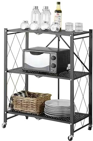 WMLBK Servierwagen Klappbar,Küchenregal auf Rollen Mikrowellen-Regal Küchenwagen, Badregal mit 3 Ebenen Allzweckwagen für Küche & Büro, Rollwagen Metall Rollwagen (Schwarz)