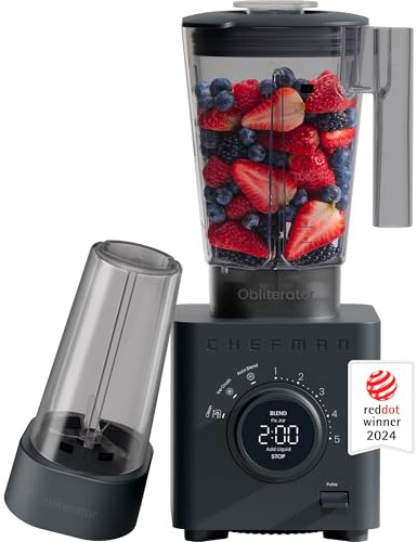 Chefman Obliterator 48 oz Countertop Blender for Smoothies, 1380W Motor to Crush Ice, Nuts, and Frozen Fruit with Stainless Steel Blade, Auto Blend Function, Includes 20 oz Travel Jar - Midnight