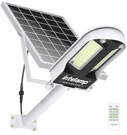 INTELAMP Lampione Solare LED Esterno, 12500mAh Faro Con Pannello Solare da Esterno, IP65 Impermeabile Faretto LED con Sensore di Movimento, 3000LM/6500K Luci da Esterno per Giardino, Terrazza, Garage