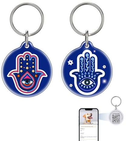 PawView QR-kod identitetsbricka UK Hamsa 2-pack – ID-etikett för hundhalsband, vattentät hartsmärke för förlorad husdjursåterhämtning – skanningsvarningar i realtid, delbar husdjursprofil, ingen