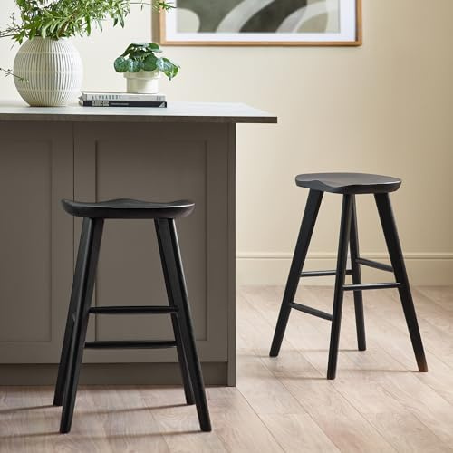 Julian Bowen Mulu Bar Stool, Solid Oak, Black - H66 x W45 x D39.5cm | Scandi Bar Stool for Kitchen or Home Bar, Solid Oak, Contoured Saddle Seat, Durable Construction