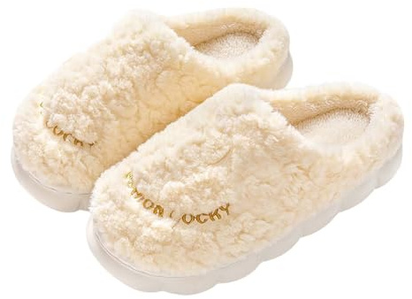 Tofflor för damer, varmt fodrade – tofflor, damer, platt tjock sula, halkfria vintertofflor, teddy-fleece, hemskor, tofflor, gästtofflor, stugskor, hustofflor, bomullstofflor, Beige, 36 EU