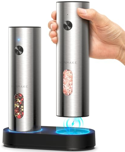 WONMAKE Salt and Pepper Grinder Set Electric, Rechargeable Pepper Mills Stainless Steel with USB C Dual Charging Base/110ML Large Capacity/5 Adjustable Coarseness/LED Light, Ideal for Mom