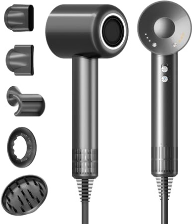 Hair Dryer with Diffuser - Ionic Hair Dryer with 500 Million Ions, 5 Styling Attachments for Curls and All Hair Types, Quiet Operation, 110,000 RPM Brushless Motor, Ideal for Travel and Gifting