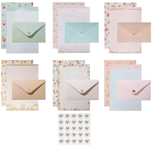 54Pcs Letter Writing Set, Cute Lined Stationery for Kids & Women | 36 Sheets Writing Paper & 8 Envelopes for Letters and Invitations & Thank You Cards, 25 Heart Stickers for Letter Sealing