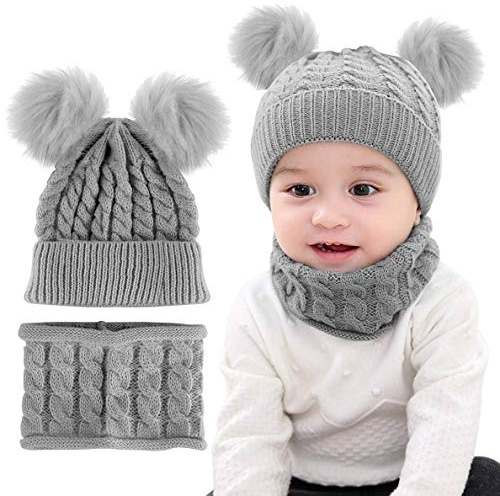 CheChury Niños Sombrero y Bufanda Conjunto Unisex Niños Niñas Invierno Bebe Gorros con Pompon Y Bufanda de Punto Cuello Redondo para 0-24 Meses Niña Niño
