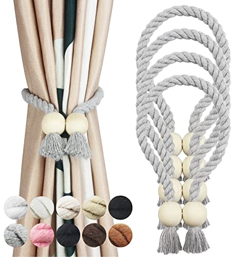 Porlau 4 Pack Grey Magnetic Curtain Tiebacks Cotton Hand Woven Tieback Holdback Decorative Tie Backs for Drapes with Wooden Buckle No Tools Required